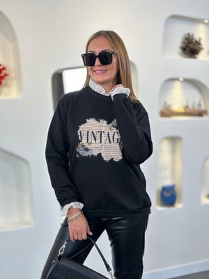 Vintage Dantel Detay Siyah Sweatshirt
