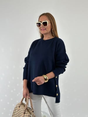 Yan Gold Düğmeli Lacivert Oversize Triko