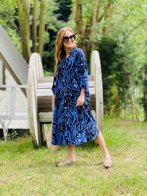 Yarasa Kol Oversize Mavi Desen Elbise
