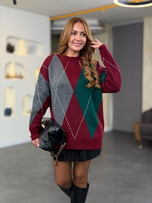 Yeşil Gri Baklava Desen Bordo Kazak