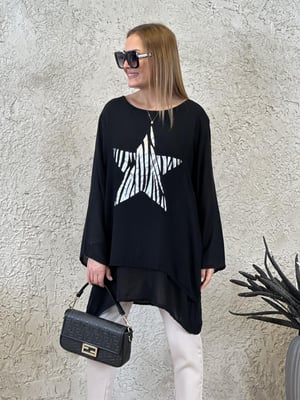 Yıldız Baskılı Oversize Siyah Pamuk Bluz