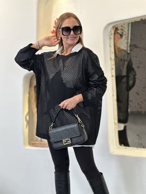 Yıldızlı File Detay Siyah Oversize Triko