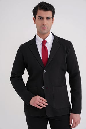 Comfort Fit Ceket Yaka Torba Cep Düğmeli Siyah Yünlü Triko Ceket 04