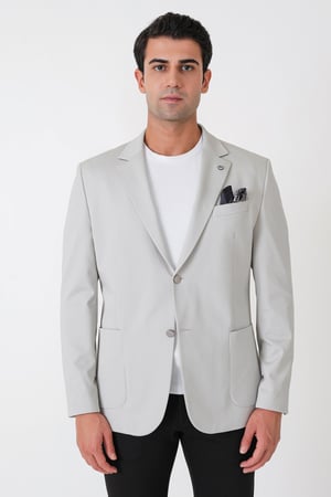 Comfort Fit Çift Yırtmaç Torba Cep Metal Düğmeli Gri Blazer Ceket C 734