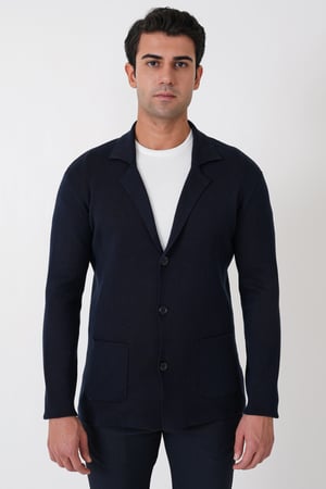 Comfort Fit Esnek Yünlü Düğmeli Lacivert Triko Ceket 05