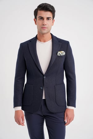 Comfort Fit Mono Yaka %100 Yün Lacivert Ceket C 717