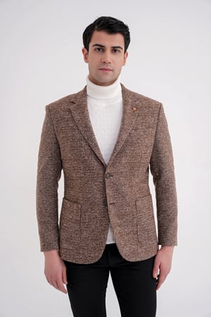Comfort Fit Torba Cep Kazayağı Desenli %100 Yün Tütün Blazer Ceket C 729