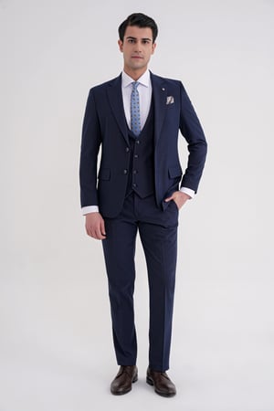 Slim Fit Çift Yırtmaç Ekoseli Esnek Yünlü Yelekli Klasik Lacivert Takım Elbise TK 934