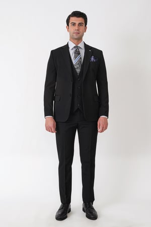 Slim Fit Çift Yırtmaç Esnek Yünlü Siyah Yelekli Takım Elbise TK 958