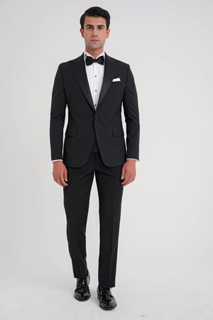 Slim Fit Çıkarılabilir Kırlangıç Saten Yaka Siyah Damatlık Smokin Takım Black 081