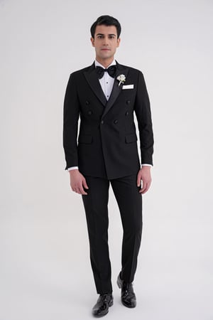 Slim Fit Çıkarılabilir Saten Yaka Kruvaze Siyah Damatlık Smokin Takım Black 082