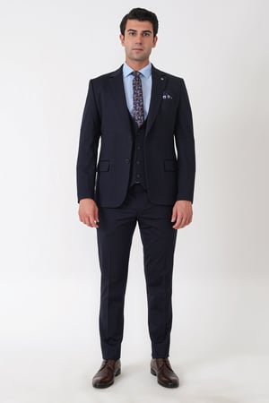 Slim Fit Esnek Pamuklu Dokulu Lacivert Yelekli Takım Elbise TK 959