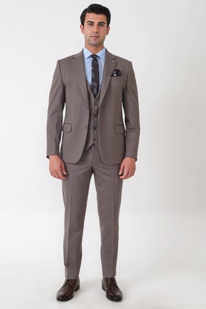 Slim Fit Esnek Pamuklu Dokulu Vizon Yelekli Takım Elbise TK 959