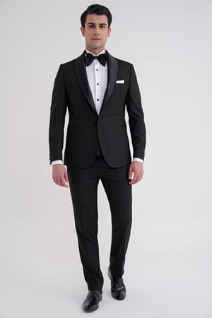 Slim Fit Fleto Cep Çıkarılabilir Saten Şal Yaka Siyah Damatlık Smokin Takım Black 086