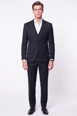 Slim Fit Mono Yaka Yünlü Yelekli Siyah Takım Elbise TK 943