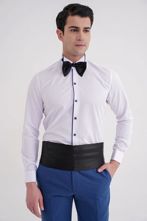 Slim Fit Önü Lacivert Biyeli Ata Yaka Beyaz Smokin Gömlek GK 733