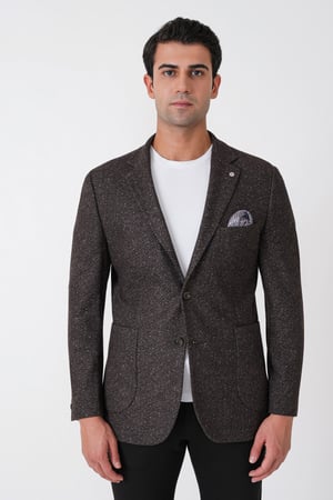 Slim Fit Torba Cep Esnek Yünlü Balıksırtı Dokuma Kahverengi Ceket C 750