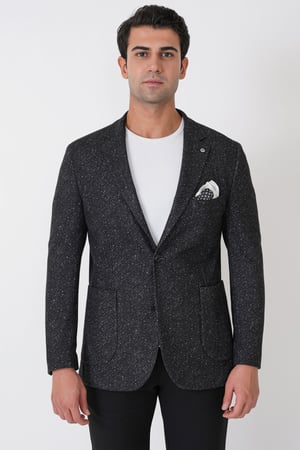 Slim Fit Torba Cep Esnek Yünlü Balıksırtı Dokuma Siyah Ceket C 750