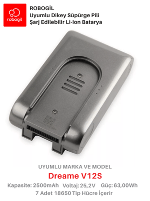 Dreame V12S Black Handheld Cordless Vacuum 2500mAh Uyumlu Bataryası Dikey Süpürge Pili Li-ion Yedek Pil Paketi DreV12S-B-01