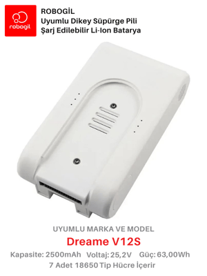 Dreame V12S White Handheld Cordless Vacuum 2500mAh Uyumlu Bataryası Dikey Süpürge Pili Li-ion Yedek Pil Paketi DreV12S-W-01