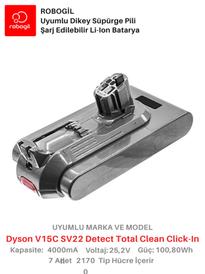 Dyson V15C SV22 Detect Total Clean 4000mAh Uyumlu Bataryası Dikey Süpürge Pili Li-ion Yedek Pil Paketi DysV15C-SV22-03