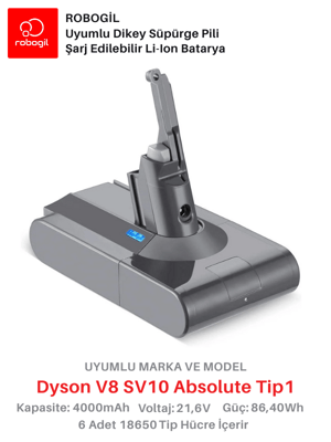 Dyson V8 SV10 Absolute 4000mAh Uyumlu Bataryası Dikey Süpürge Pili Li-ion Yedek Pil Paketi DysV8-SV10-02