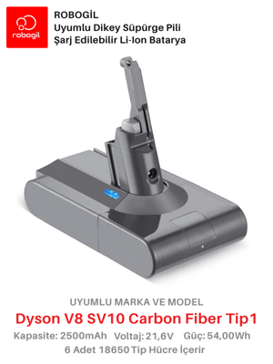 Dyson V8 SV10 Carbon Fiber 2500mAh Uyumlu Bataryası Dikey Süpürge Pili Li-ion Yedek Pil Paketi DysV8-SV10-13