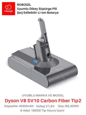 Dyson V8 SV10 Carbon Fiber 4000mAh Uyumlu Bataryası Dikey Süpürge Pili Li-ion Yedek Pil Paketi DysV8-SV10-16