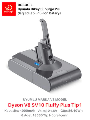 Dyson V8 SV10 Fluffy Plus 4000mAh Uyumlu Bataryası Dikey Süpürge Pili Li-ion Yedek Pil Paketi DysV8-SV10-30