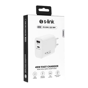 S-link SL-EC68 45W GAN PD 30W / QC 18W Type Type USB-C +USB A Hızlı Beyaz EV/NOTEBOOK Şarj Adaptör
