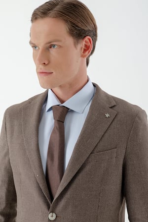 Morven Erkek KAHVE Keten Desenli Slim Fit Takım Elbise