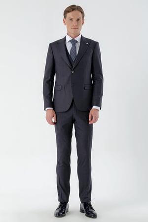 Morven Erkek Lacivert Kareli Yelekli Slim Fit Takım Elbise