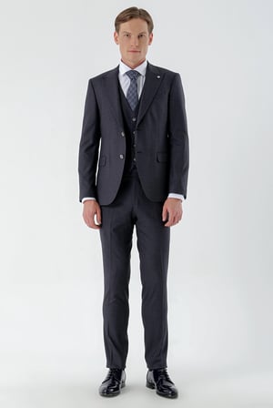 Morven Erkek Lacivert Kareli Yelekli Slim Fit Takım Elbise
