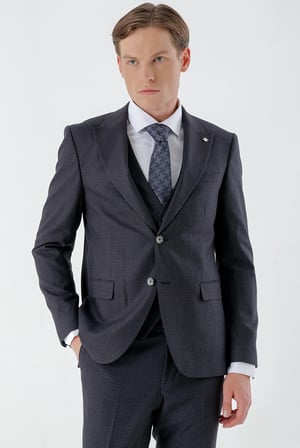 Morven Erkek Lacivert Kareli Yelekli Slim Fit Takım Elbise