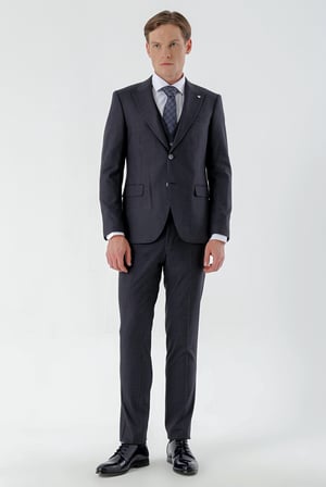 Morven Erkek Lacivert Kareli Yelekli Slim Fit Takım Elbise