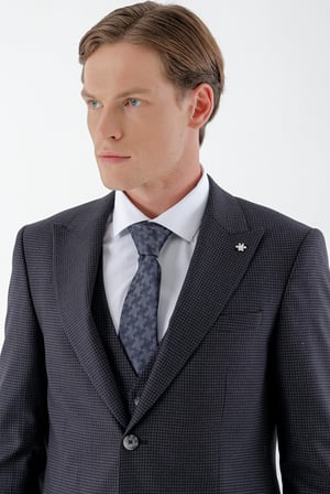 Morven Erkek Lacivert Kareli Yelekli Slim Fit Takım Elbise