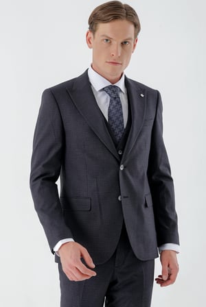Morven Erkek Lacivert Kareli Yelekli Slim Fit Takım Elbise
