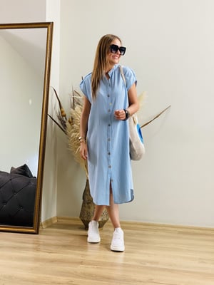 Ahşap Düğmeli Bebe Mavi Pamuk Elbise