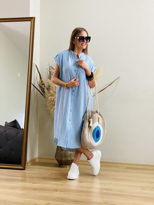 Ahşap Düğmeli Bebe Mavi Pamuk Elbise