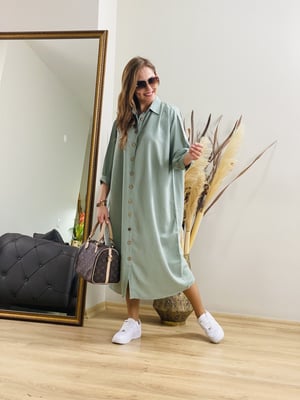 Ahşap Düğmeli Mint Gömlek Elbise