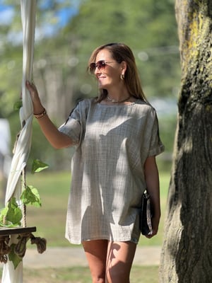 Ahşap Düğmeli Oversize Vizon Keten Bluz