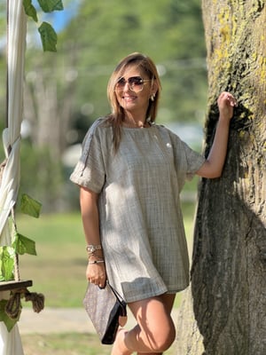 Ahşap Düğmeli Oversize Vizon Keten Bluz