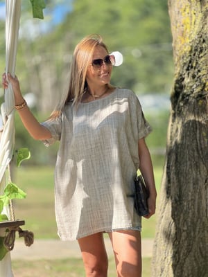 Ahşap Düğmeli Oversize Vizon Keten Bluz