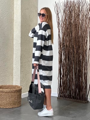Antrasit Beyaz Çizgili Oversize Merserize Elbise