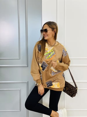Baskılı Taşlı Taba Sweatshirt