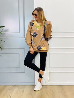 Baskılı Taşlı Taba Sweatshirt