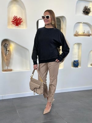 Bej Gabardin Detay Siyah Çizgili Sweatshirt