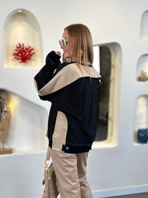 Bej Gabardin Detay Siyah Çizgili Sweatshirt