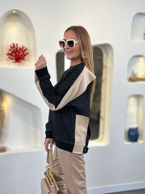 Bej Gabardin Detay Siyah Çizgili Sweatshirt