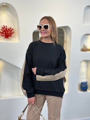 Bej Gabardin Detay Siyah Çizgili Sweatshirt